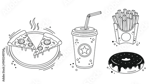 Black and white line art set featuring pizza slices on a plate, a soda cup with a straw, french fries, and a glazed chocolate donut.