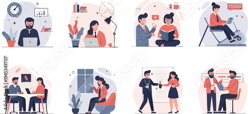Diverse work scenarios illustrated with modern flat design characters