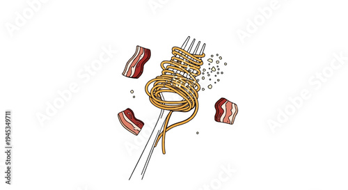 Spaghetti and bacon bits on a fork with scattered seasonings