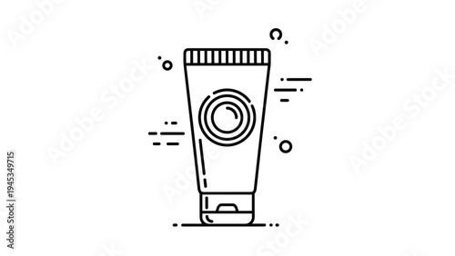 Detailed black line icon of a sunscreen or cosmetic tube with a sun symbol and floating decorative dots and lines for summer care.
