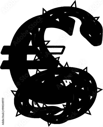Spiked serpent entwined with euro symbol, menacing and abstract