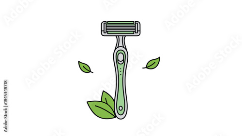 Modern green and gray shaving razor for women surrounded by small green leaves representing skin care and smoothness for hygiene.