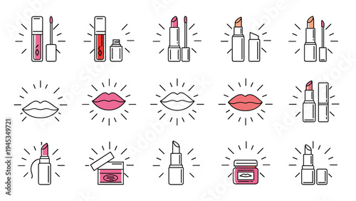 Colorful icon set of various lipsticks, lip glosses, and jars in pink and peach tones with sparkling star decorations for makeup art.