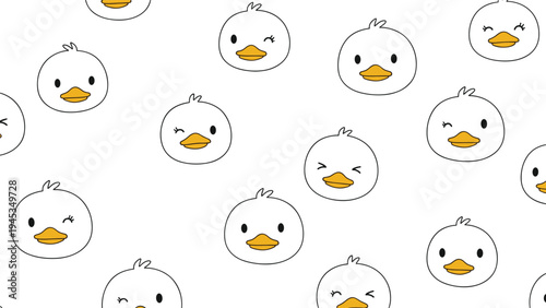 Sweet seamless pattern of white duckling heads with various expressions like winking and smiling on a plain white background for kids.