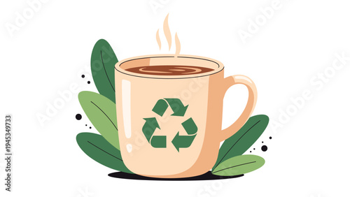 Warm peach colored coffee mug with a green recycling symbol on it surrounded by large green leaves and coffee steam for eco brands.