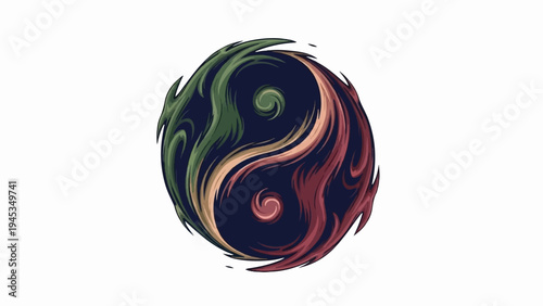 Dynamic yin-yang symbol with swirling patterns and vibrant colors
