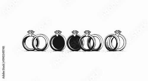 Five diamond rings arranged in a row on a white background