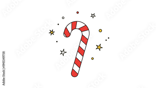 Traditional red and white striped Christmas candy cane decorated with golden stars and colorful circles for festive holiday themes.