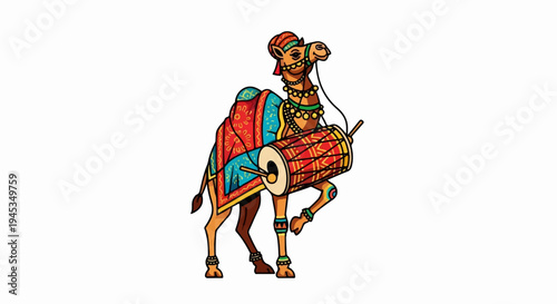 Festive camel adorned with colorful textiles and playing a drum