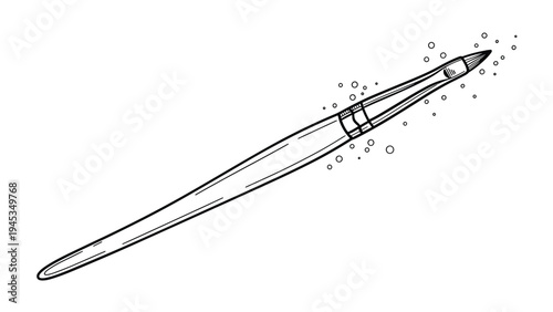 Detailed black and white line drawing depicts an artist paint brush positioned diagonally with small bubbles floating nearby.