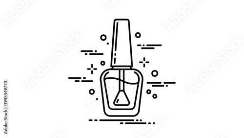 Minimalist line art illustration shows a bottle of nail polish with an applicator brush surrounded by geometric star shapes.