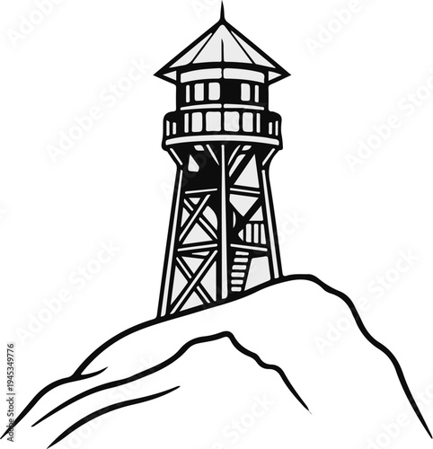 Stylized black and white illustration of a lookout tower atop a rocky hill