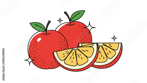 Fresh fruit illustration features two whole red apples and two orange slices with sparkling accents indicating high quality.