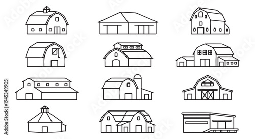 Set of various barn drawings on Transparent Background, illustrations of farm buildings.