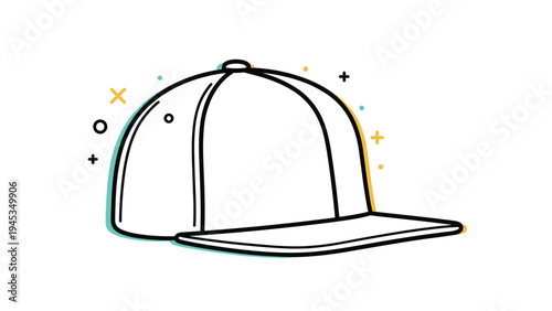Simple line drawing of a flat brim snapback baseball cap is accented with minimalist geometric shapes and colorful outlines.
