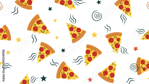 Fun seamless pattern consists of delicious pepperoni pizza slices with steam rising and decorative stars on a white base.