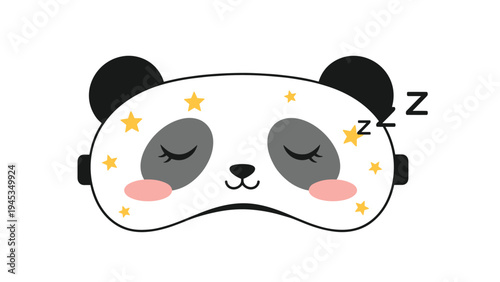 Adorable panda sleep mask with closed eyes and pink cheeks is decorated with yellow stars and zzz sleep symbols on white.