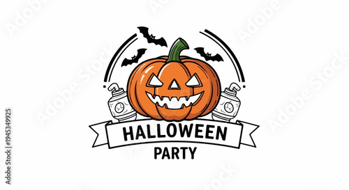 Spooky jack-o'-lantern with bats and festive text for a party