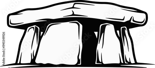 Stylized black and white illustration of a megalithic tomb, a dolmen structure