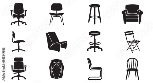 Collection of various office and home chair icons on Transparent Background, black silhouettes.