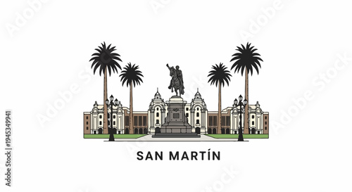 Historic square with equestrian statue, grand buildings, and palm trees