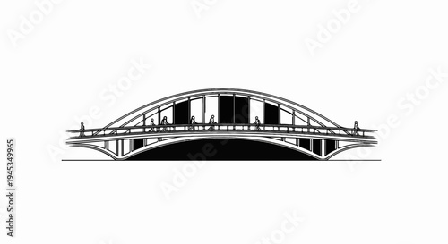 Stylized black and white illustration of a modern arch bridge with figures crossing