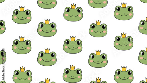 Charming seamless pattern of green frog heads wearing golden crowns and having pink cheeks is perfect for children designs.