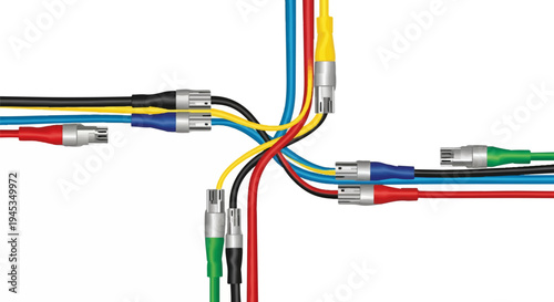 Interconnected colorful wires and connectors form a complex network on a white background
