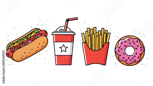 Colorful set of fast food icons includes a tasty hot dog, a soda cup with a star, crispy french fries, and a pink donut.