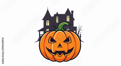 Spooky jack-o-lantern with haunted house and bare tree silhouette