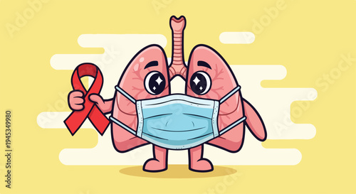 Cartoon illustration of lungs wearing a medical face mask and holding a red awareness ribbon on a yellow background for World Tuberculosis Day