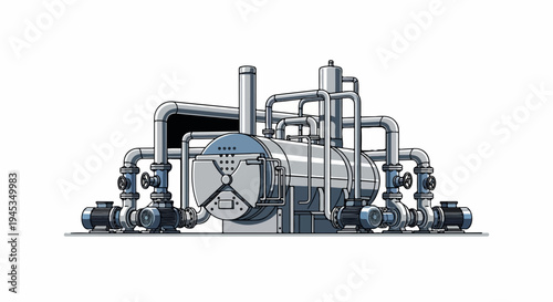 Industrial boiler with pumps, valves, and pipes in a complex system