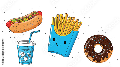 Playful fast food illustration set features a hot dog, a blue soda cup, a smiling carton of fries, and a chocolate donut.
