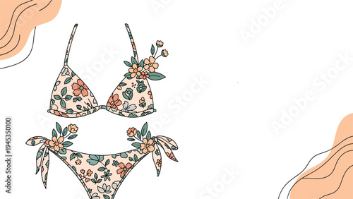 Elegant two piece floral bikini swimsuit with peach and green flower patterns and side ties displayed on a clean white background.