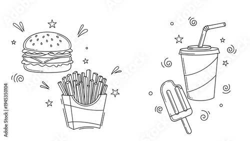 Selection of black and white line drawings featuring a burger, french fries, soda cup, and ice cream on a stick for kids coloring.