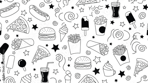 Detailed black and white doodle pattern filled with various fast food items like pizza, hot dogs, burgers, and stars for wallpaper.