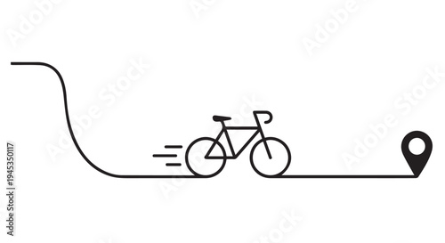 a black line drawing of a bicycle riding on a black line with a location pin