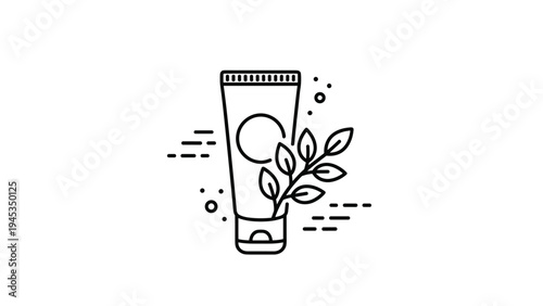 Clean black outline icon of a cosmetic cream tube with a branch of leaves symbolizing natural and organic beauty products for skin.