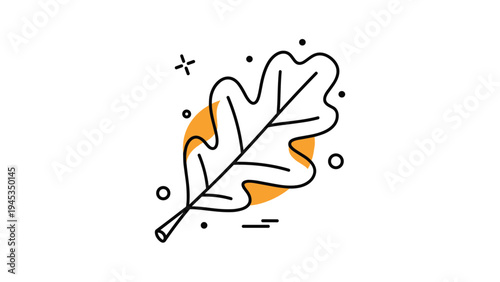 Artistic black outline of a single oak leaf set against a warm orange circle with decorative dots and lines around it for logos.