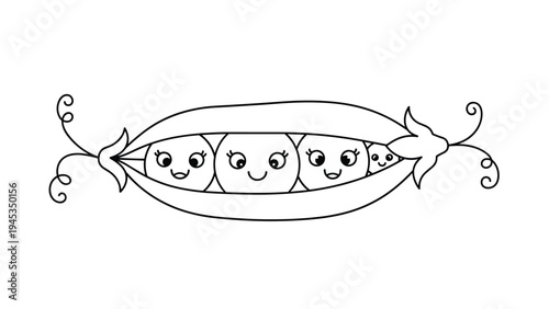 Cute cartoon line drawing of four smiling peas with faces nestled inside a single pea pod with curly tendrils at both of its ends.
