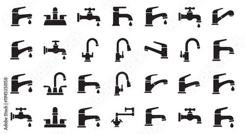 Collection of various black faucet icons on a Transparent Background for design and interface use