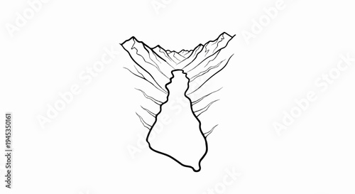 Stylized black and white illustration of a narrow canyon with jagged peaks