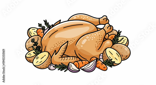 Roasted chicken dinner with potatoes, carrots, onions, and herbs