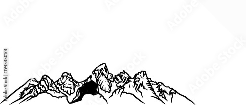 Striking black and white illustration of jagged mountain peaks with a shadowed cavern