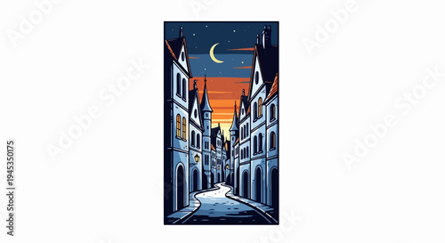 Pixel art of a quaint European street at dusk with a crescent moon