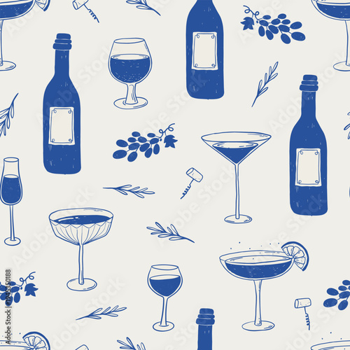 Wine seamless pattern with glasses, bottles, rosemary and grapes for wrapping papers, backgrounds, banners, wallpapers, textile prints, etc. EPS 10