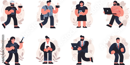 Diverse group of individuals engaged in various activities, holding devices and drinks
