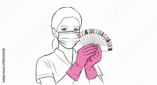 Person wearing mask and gloves holding nail polish samples