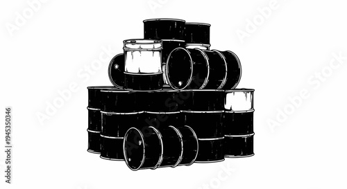 Stacked black and white metal drums in a haphazard pile
