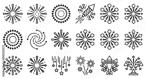Black and white firework icons grid, set of festive exploding fireworks in simple line style